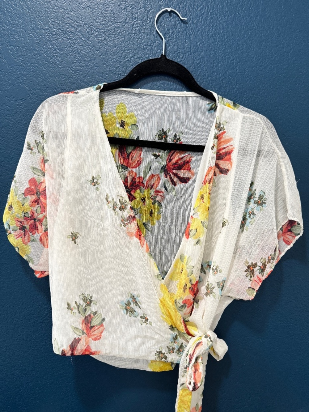 Floral Wrap Top - White with Multicolor Floral Design